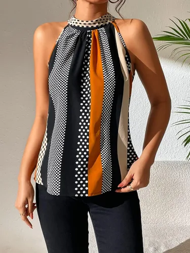 Miniatura 3 de SOLY HUX Blusas de verano para mujer, con cuello halter, diseño de lunares, a rayas, informal, sin mangas