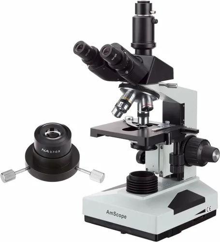 AmScope Microscopio trinocular compuesto T490-DK, Oculares WF10x, Ampliación 40X-1000X, Brightfield/Darkfield, Iluminación halógena, Condensador
