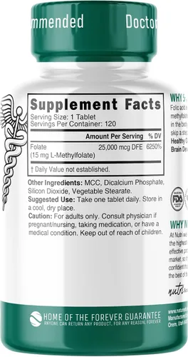 Miniatura 2 de Nutri 5-MTHF L Metilfolato 15MG - Suministro para 4 meses, 120 tabletas veganas - Suplemento de folato metilado - Función cognitiva, salud cardíaca