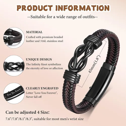 Miniatura 3 de MEALGUET Men's Bracelets Gifts for Men - Brown Braided Leather Infinity Knot Bracelets Engraved Love Massage for Son Man Husband Boyfriend, Mens