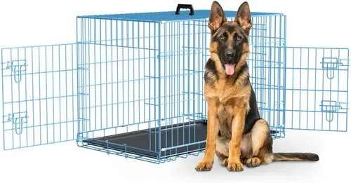 Miniatura 19 de Dopinmin Jaula grande para perros de 42 pulgadas, jaula de doble puerta para mascotas, jaula plegable de alambre de metal con panel divisor, bandeja
