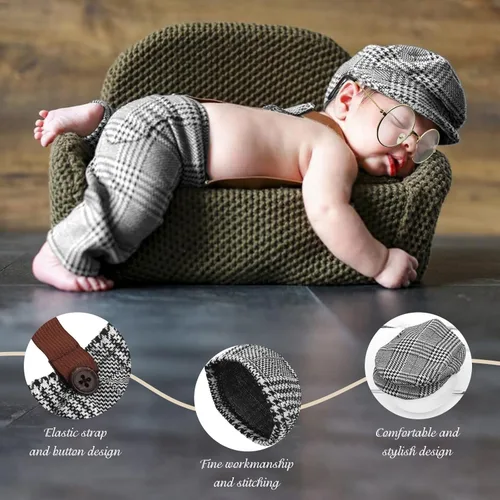 Miniatura 5 de 4 piezas de accesorios para fotos de bebé recién nacido, overol de celosía, pantalones con tirantes con boina, gafas de pajarita para disfraces