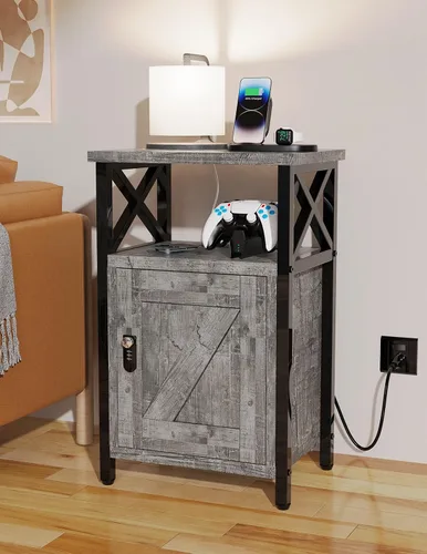 Miniatura 6 de runjuly Mesita de noche de madera con cerradura, mesa auxiliar de cama con cajones, mesita de noche con estación de carga, 3 USB y 2 tomas, mesita