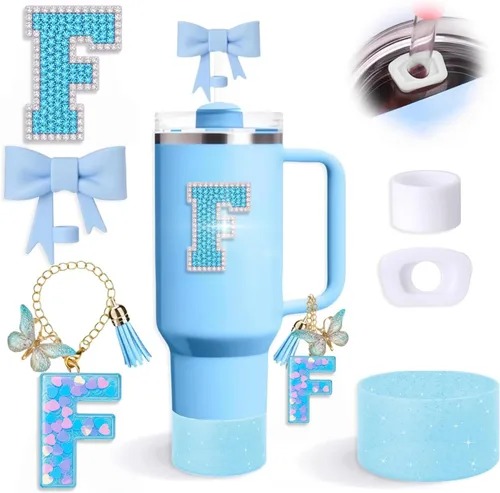 Miniatura 12 de Juego de 6 accesorios de copa Stanley color azul, adorno de pajilla con lazo para copa Stanley de 30 onzas, 40 onzas, incluye adorno de popote
