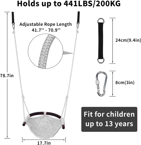 Miniatura 3 de Hi-Na Columpio de árbol para niños, asiento de columpio de cuerda ajustable para niños pequeños con ganchos de resorte y correas, capacidad de 440