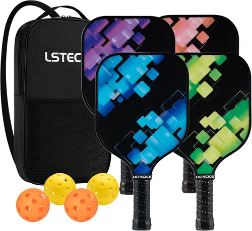 Pickleball Paddles Set of 4, Fiberglass Pickleball Paddles with Honeycomb Core, Lightweight Pickleball Set with Balls & Bag for Men, Women &