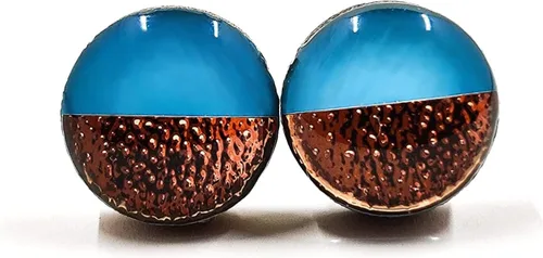 Dos tonos con aretes de 10 mm de metal martillado falso, aretes redondos para mujeres, niñas y hombres, hechos a mano, postes de acero inoxidable