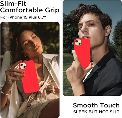 Miniatura 2 de Funda de silicona para iPhone 15 Plus, cubierta protectora resistente a golpes de cuerpo completo, forro de microfibra suave antiarañazos, funda Rojo
