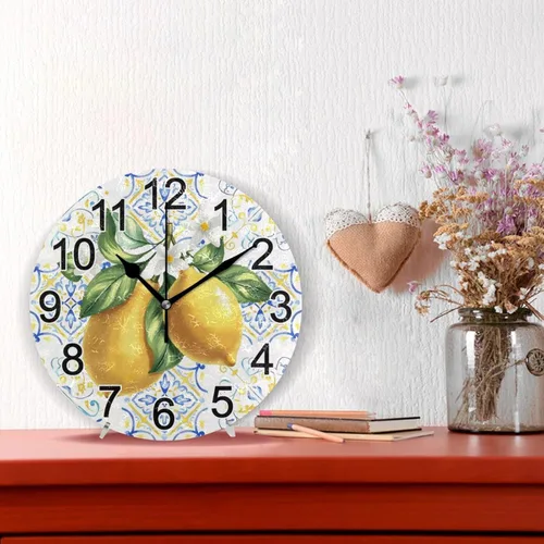 Miniatura 2 de Reloj de pared con azulejos de limones mediterráneos, sin tictac, silencioso, reloj de cocina grande, funciona con pilas, 10 pulgadas