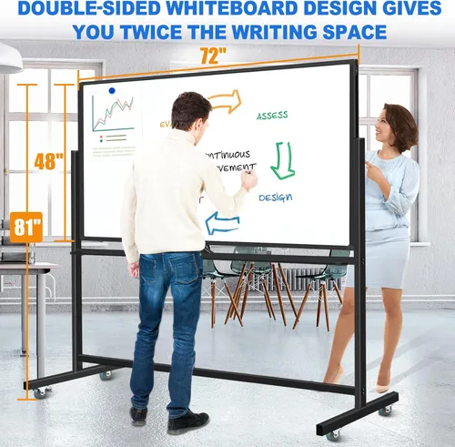 Miniatura 5 de Max-officoo Pizarra Blanca Grande de Borrado en Seco con Soporte Rodante 72"x48" Pizarra Blanca Magnética Móvil de Doble Cara sobre Ruedas, Incluye
