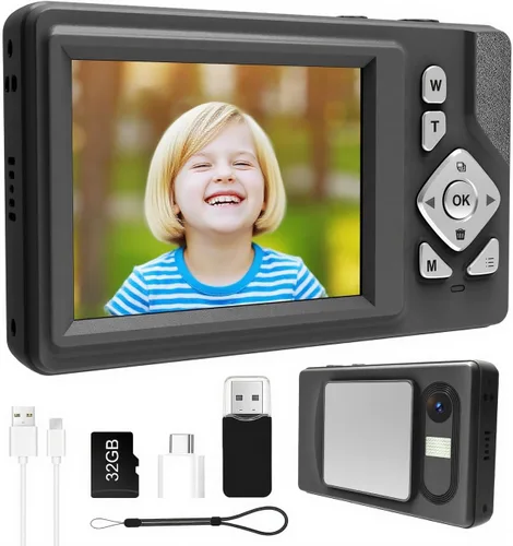 Cámara digital para niños, adolescentes y principiantes – 48MP FHD 1080P, zoom digital 18X antivibración, LCD de 2.83 pulgadas + tarjeta de 32 GB,