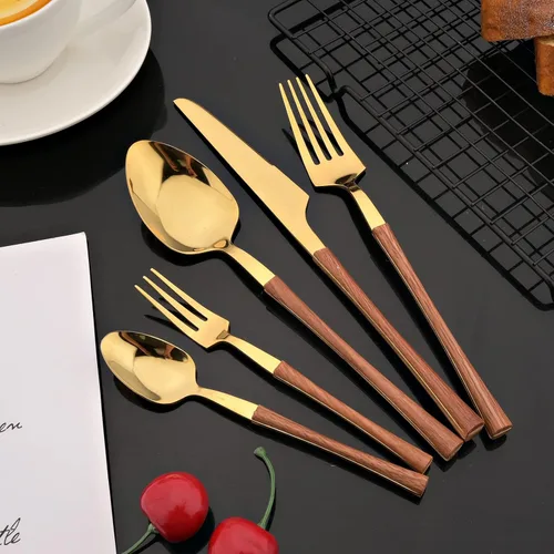Miniatura 3 de JASHII Juego de cubiertos con mango de madera, juego de cubiertos de acero inoxidable de 20 piezas, pulido con espejo, juego de cucharas y tenedores