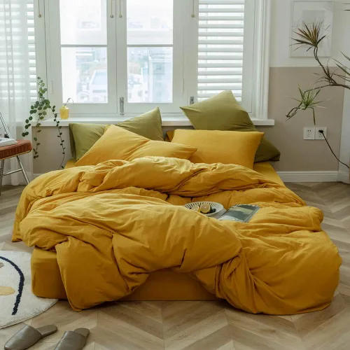 Miniatura 4 de VM VOUGEMARKET - Juego de funda de edredón de algodón de punto jersey de tamaño queen, juego de ropa de cama de algodón de color amarillo, Jersey-oro