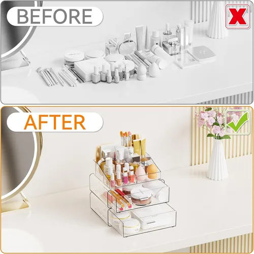 Miniatura 6 de Yieach Organizadores de maquillaje de 3 niveles en acrílico transparente con 2 cajones, soporte de maquillaje tiered de escritorio y organizadores