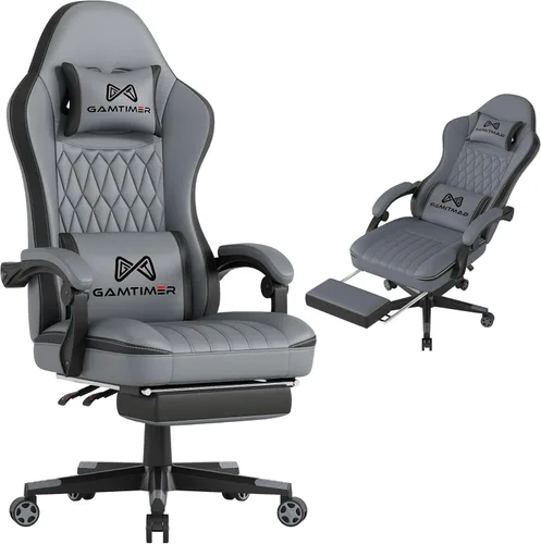 Miniatura 9 de Gamtimer Silla de juegos con reposapiés, silla ergonómica para computadora, material transpirable de poliuretano con reposacabezas y soporte lumbar