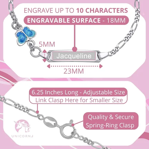 Miniatura 2 de UNICORNJ 925 Italy Sterling Silver Child or Baby Name Bracelet Girls Boys, Personalized Engraved Kids ID Bracelets, 6.25" Figaro Chain, Enamel Charm