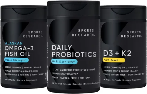 Sports Research® Paquete de bienestar corporal – Aceite de pescado omega 3 de Pollock de Alaska salvaje de 1250 mg + probióticos veganos con