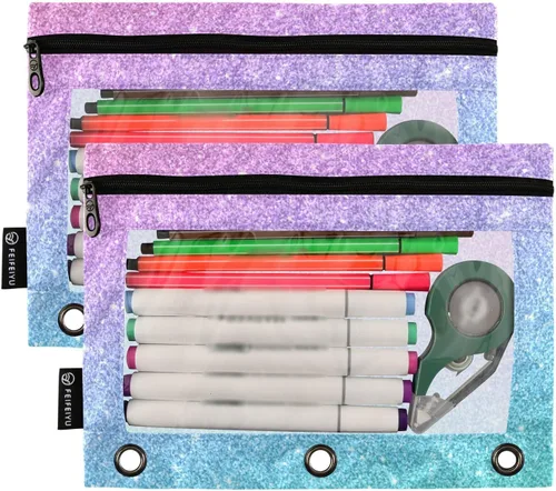 Miniatura 2 de Gredecor Estuche para lápices con 3 anillos con purpurina azul y rosa con cremallera, 2 unidades, organizador transparente para carpeta escolar
