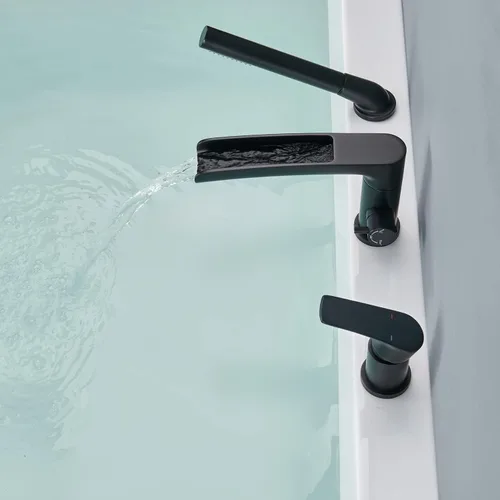 Miniatura 5 de Wowkk Grifo de Bañera Cascada de Bañera Romana Negro Montaje en Cubierta Grifos de Bañera de Latón Relleno de Bañera Grifos de Baño con Ducha de Mano