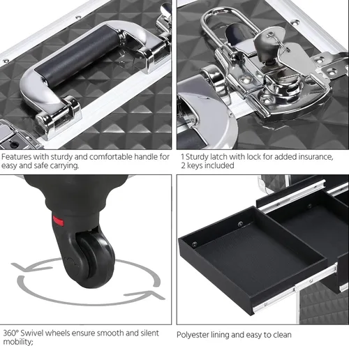 Miniatura 6 de Yaheetech Estuche de Maquillaje Tipo Tren con Ruedas, Estuche de Aluminio para Cosméticos con Ruedas, Estuche de Barbero para Salón, Carrito