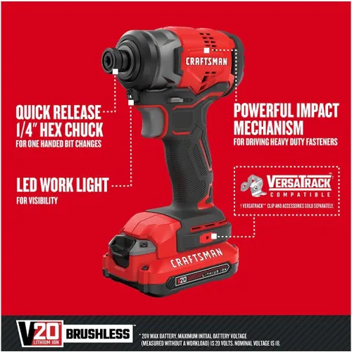Miniatura 2 de CRAFTSMAN Kit de destornillador de impacto inalámbrico V20, 1/4 de pulgada, batería y cargador incluidos (CMCF810C1)