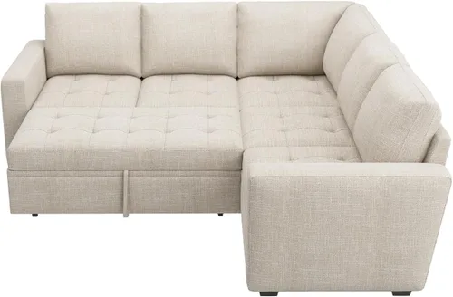 Miniatura 8 de HONBAY Sofá cama modular modular con cama extraíble, sofá en forma de L con asiento de almacenamiento, sofás seccionales para sala de estar, beige