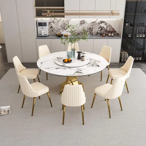 Miniatura 12 de Mesa de comedor redonda, mesa de comedor de piedra sinterizada blanca, base moderna de acero inoxidable sólido