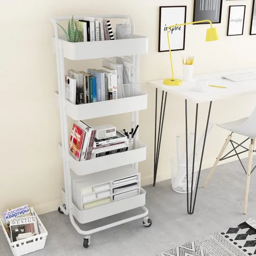Miniatura 9 de Devo Carrito con ruedas de 4 niveles, carrito de almacenamiento resistente, con asa, 4 ganchos laterales, 2 tazas de almacenamiento y ruedas