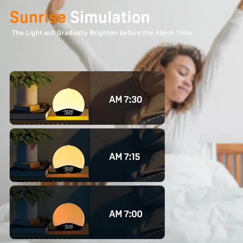 Miniatura 5 de JALL Reloj despertador Sunrise para dormitorios con máquina de sonido de ruido blanco, despertador de luz despertador para personas que duermen