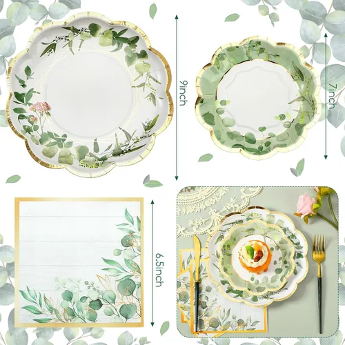 Miniatura 2 de Tanlade 96 unidades de platos y servilletas para fiestas temáticas de eucalipto verde salvia, sirven 24, platos llanos desechables de papel