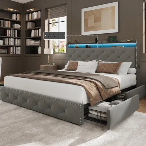 Miniatura 11 de LARMACE Base de cama tamaño King con 4 cajones de almacenamiento, base de cama tapizada de terciopelo, plataforma King con luces LED y estación