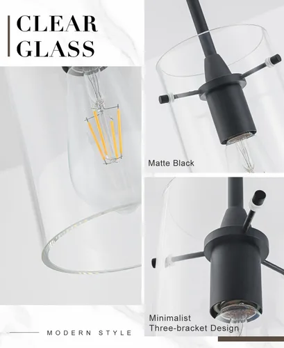 Miniatura 3 de Paquete de 2 luces colgantes para isla de cocina, lámparas colgantes ajustables de cristal, luces colgantes negras mate, isla de cocina, iluminación