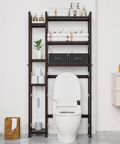 Miniatura 8 de Homde Organizador de Almacenamiento Sobre el Inodoro con Cesta y Cajón, Organizador de Baño de Bambú con Estante Ajustable y Patas Impermeables