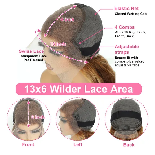 Miniatura 6 de Pelucas de cabello humano ondulado profundo de 24 pulgadas con encaje frontal de 13 x 6 pulgadas, prearrancadas #4/27, con reflejos degradados
