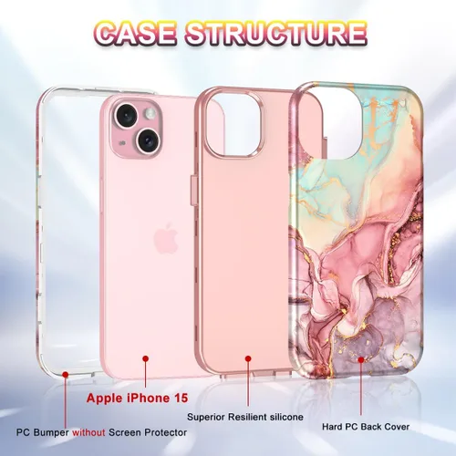 Miniatura 2 de Btscase Funda para iPhone 15 de 6.1 pulgadas (2023), patrón de mármol 3 en 1, resistente a prueba de golpes, cuerpo completo, policarbonato