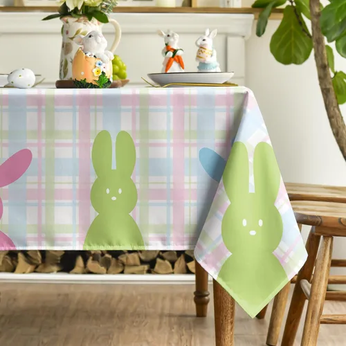 Miniatura 3 de Horaldaily Mantel de Pascua de 52 x 70 pulgadas, funda de mesa de Pascua con diseño de conejito de primavera para decoración de fiesta, picnic y cena