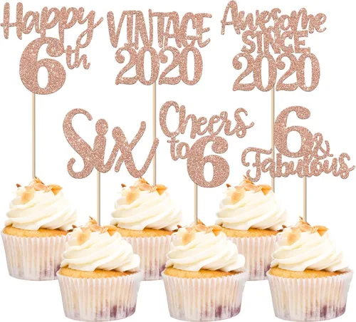 Miniatura 50 de Rsstarxi Paquete de 24 adornos para cupcakes vintage 2019 con purpurina negra para 5º cumpleaños, saludos a 5, cinco, 5, 5 fabulosos para cupcakes