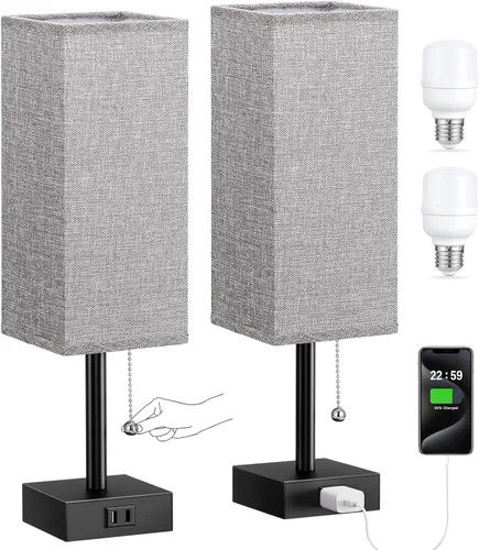 Miniatura 13 de Fenmzee Juego de 2 lámparas de noche para dormitorio, pequeña lámpara rectangular para mesita de noche con puerto de carga USB A C, luz