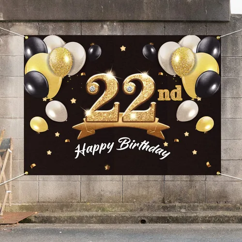 Miniatura 7 de Telón de fondo de pancarta de feliz cumpleaños 22 – Suministros de decoración de fiesta de cumpleaños 22 para hombres y él – Negro dorado 4 x 6 pies