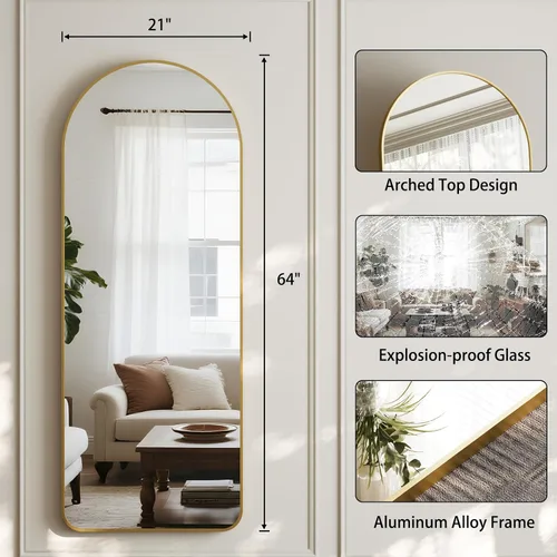 Miniatura 5 de HARRITPURE Espejo Arqueado de Cuerpo Entero - 64"x21" Espejo Grande de Pie con Marco de Aluminio, Espejos de Tocador con Soporte para Dorado-re