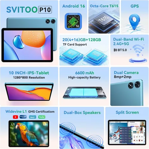 Miniatura 2 de SVITOO Tablet Android de 10 pulgadas, tableta Android 16 para niños y adultos, Octa-Core, 20 GB de RAM, 128 GB de almacenamiento, 1 TB expandible