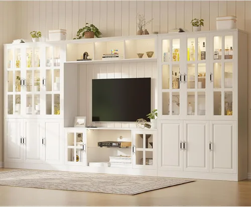 Miniatura 10 de MEISSALIVVE Mueble de pared con almacenamiento y luces LED, gran centro de entretenimiento con estanterías para televisores de hasta 70 pulgadas