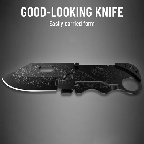 Miniatura 7 de Cuchillo de bolsillo Grand Way - 6 cm de hoja plegable afilada con clip para dinero - Cuchillo pequeño único con hoja de dragón grabada - Soporte