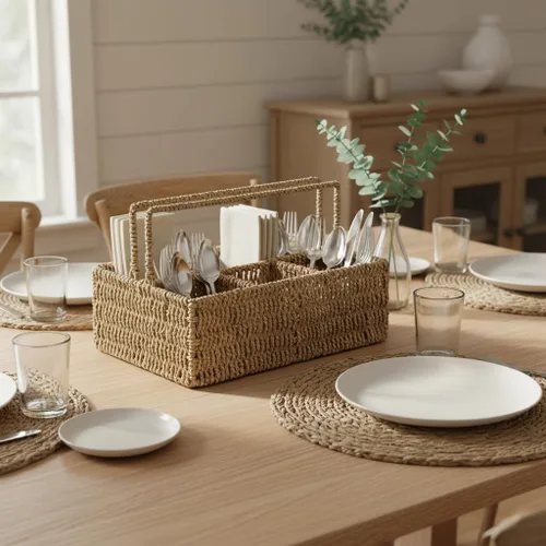Miniatura 3 de PEMAR Organizador grande de utensilios tejido a mano de tamaño L, soporte de mimbre de yute natural para mesa, juego de cocina, organizador
