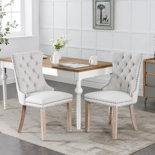 Juego de 2 sillas de comedor, sillas decorativas de tela de lino con patas de madera maciza, ribete de cabeza de clavo de cobre, tirador de anillo