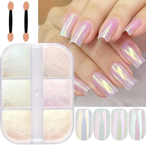 Polvo de uñas cromado con efecto espejo metálico de 6 rejillas, pigmento aurora, brillo holográfico, iridiscente, polvo de manicura, esmalte de gel