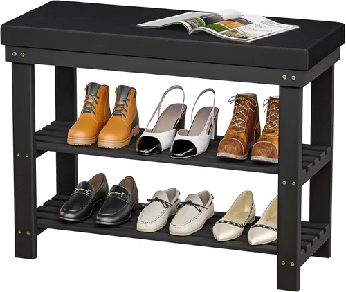 Miniatura 7 de Banco de zapatos de bambú con cojín gris, organizador de zapatos de 3 niveles para entrada, pasillo, dormitorio o sala de estar, asiento tapizado