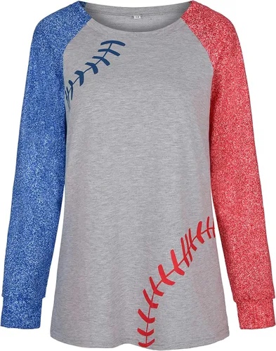 Miniatura 2 de ETATNG Camisetas raglán para mujer, camiseta de béisbol con cuello redondo y estampado de retazos