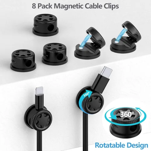 Miniatura 2 de ELII Kit de gestión de cables de 328 piezas, 8 soportes magnéticos para cables, 69 clips adhesivos para cables, 4 fundas para cables divididas, 22