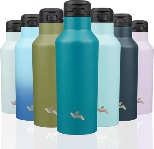 Konokyo - Botella de agua aislada con popote, termo de agua de acero inoxidable de doble pared de 17 onzas con 2 tapas, azul lago